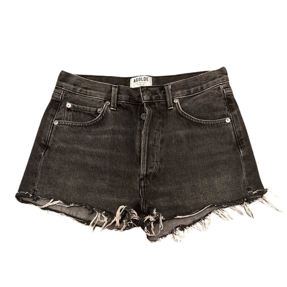 AGOLDE Black Wash Raw Hemline Button Fly High Waist Jean Denim Shorts Jorts 27